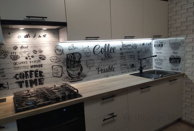 Фартук для кухни фото: надписи кофе на кирпичной стене, заказ #ИНУТ-13252, Белая кухня. Изображение 334872